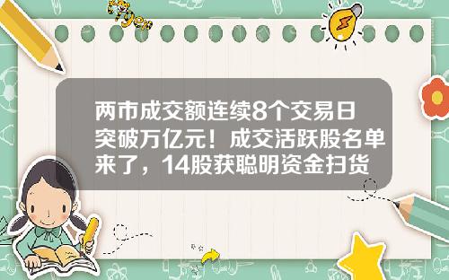 两市成交额连续8个交易日突破万亿元！成交活跃股名单来了，14股获聪明资金扫货-股票的资讯哪里最快看